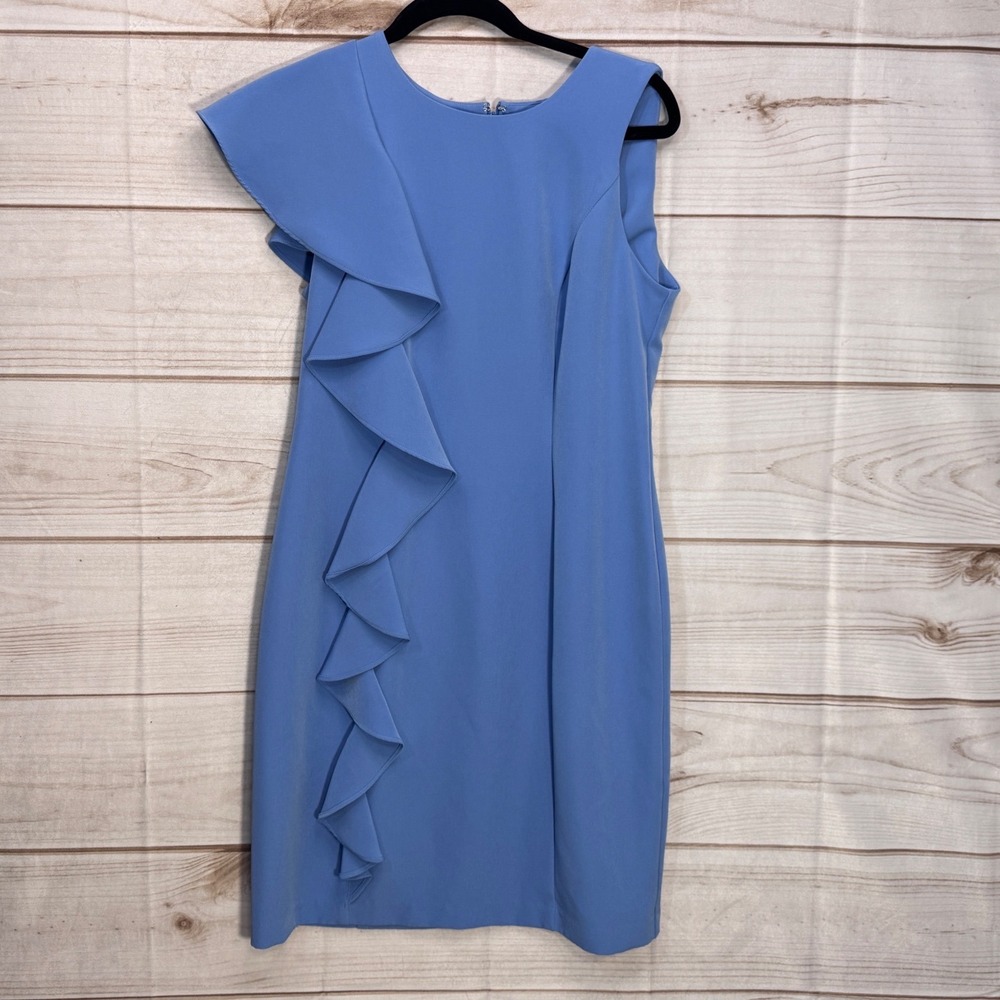 Roz & Ali Sheath Dress Womens Size 8 Blue Ruffle Front Sleeveless Cocktail